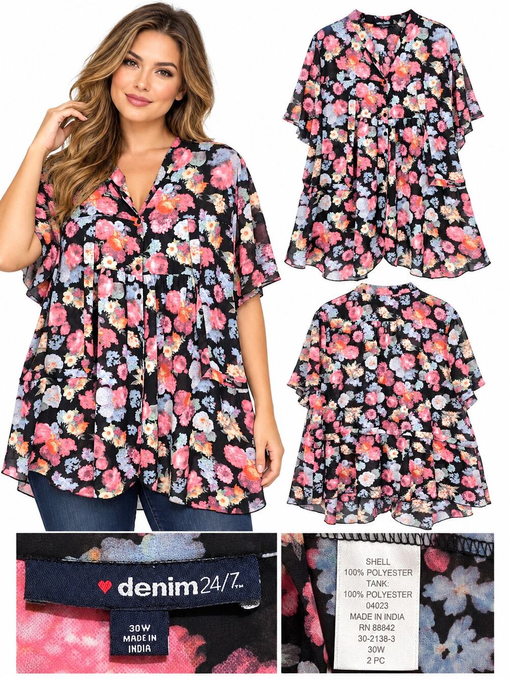 Denim 24/7 30W Black Floral Chiffon Babydoll Tunic